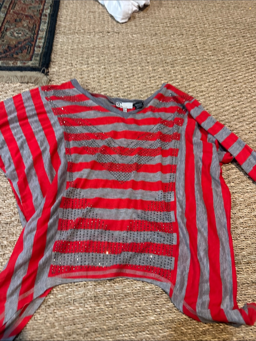Miss Me Red and Gray Striped Long Sleeve Tee with Sparkle Studs